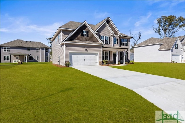 view of front of property with stone siding, driveway, an attached garage, and a front yard