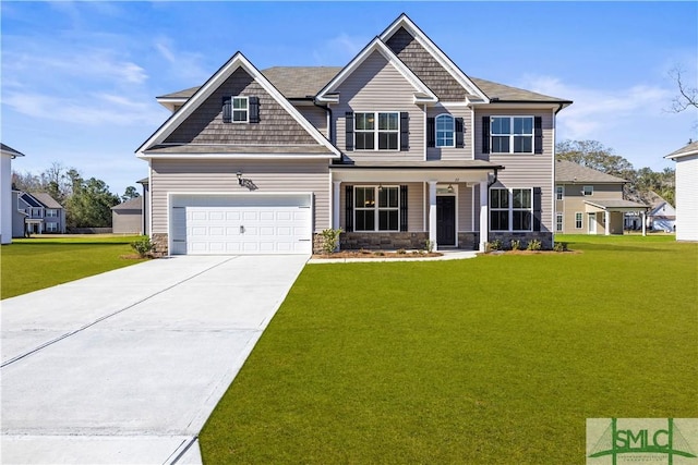 craftsman inspired home featuring stone siding, driveway, a porch, and a front yard