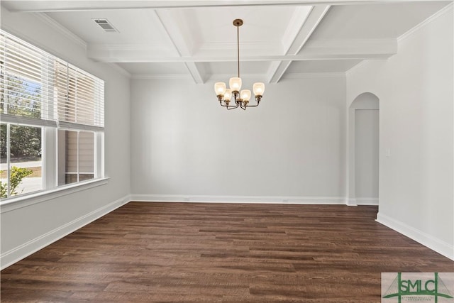 empty room featuring visible vents, arched walkways, baseboards, and dark wood finished floors