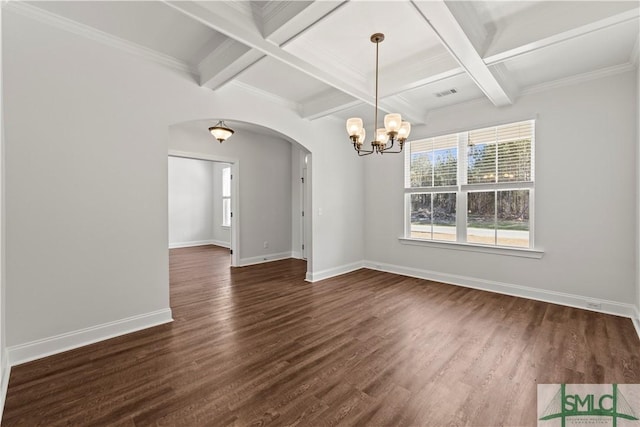 empty room featuring baseboards, arched walkways, dark wood-type flooring, and coffered ceiling