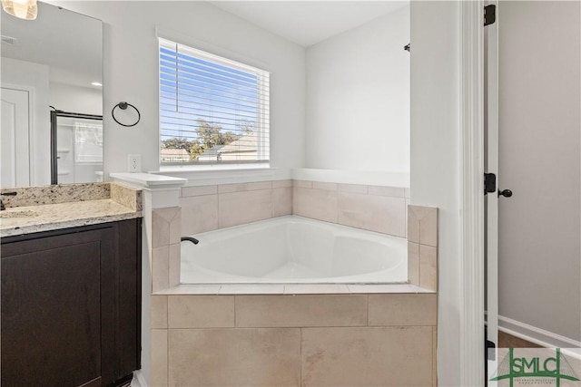 full bath featuring visible vents, a stall shower, vanity, and a bath