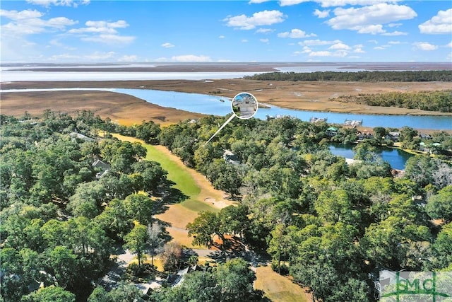 bird's eye view with a water view