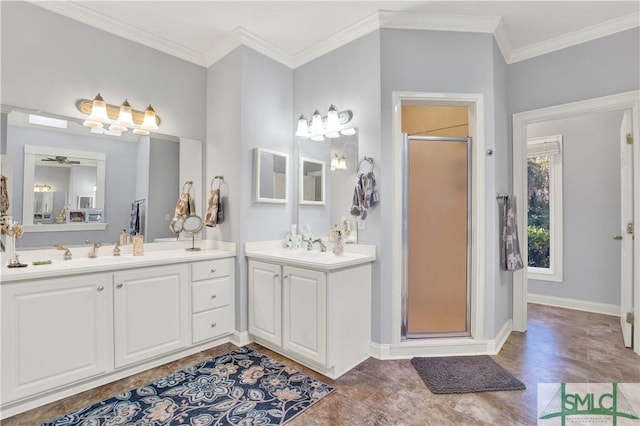 bathroom featuring ornamental molding, walk in shower, and vanity