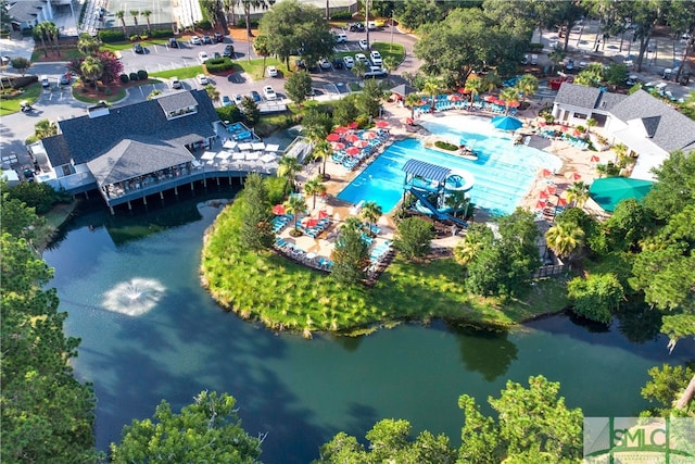 drone / aerial view featuring a water view