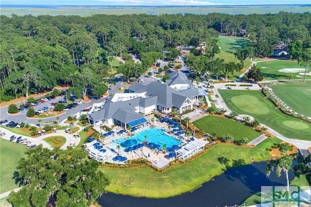 bird's eye view with a water view