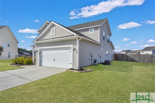 view of property exterior featuring a garage, central air condition unit, and a lawn