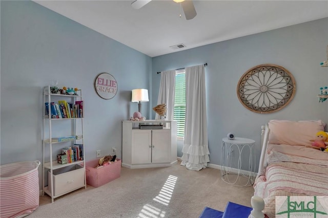 carpeted bedroom featuring ceiling fan