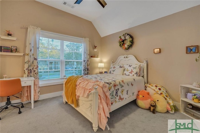 bedroom featuring lofted ceiling, baseboards, visible vents, and carpet floors