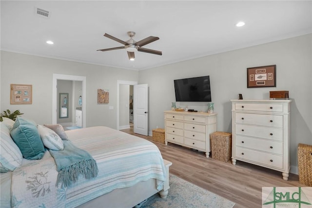 bedroom with recessed lighting, visible vents, wood finished floors, and ceiling fan