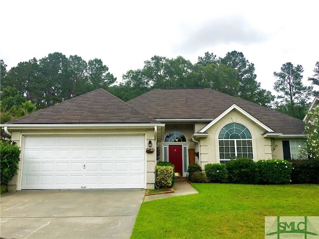 single story home with a front lawn and a garage