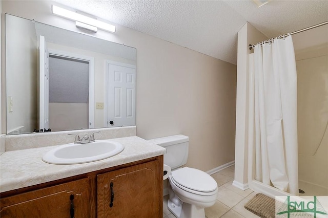 bathroom with a textured ceiling, a shower with shower curtain, toilet, tile patterned floors, and vanity