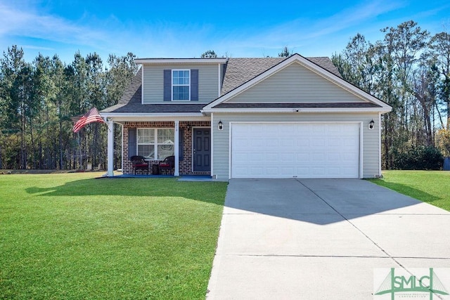 view of front facade with a porch, a front yard, and a garage