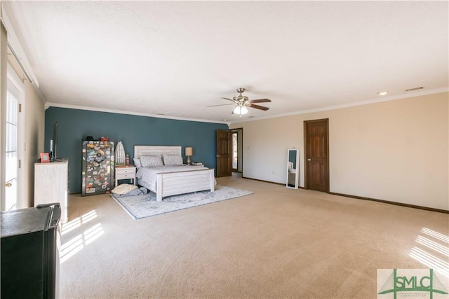 unfurnished bedroom with ceiling fan, light carpet, and ornamental molding