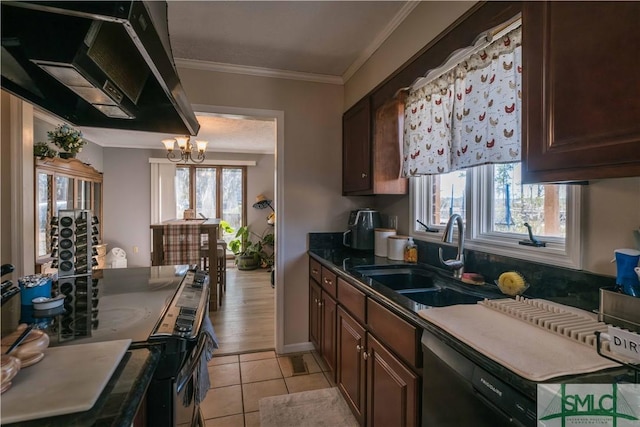 kitchen featuring exhaust hood, an inviting chandelier, light tile patterned floors, black dishwasher, and sink