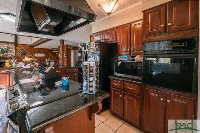 kitchen featuring black appliances, extractor fan, dark stone countertops, light tile patterned flooring, and crown molding