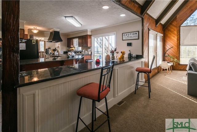 bar with carpet floors, lofted ceiling, wooden walls, a textured ceiling, and island range hood