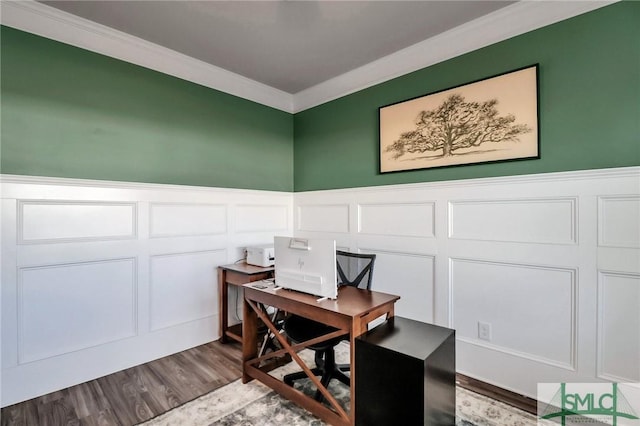 office area with ornamental molding and wood-type flooring