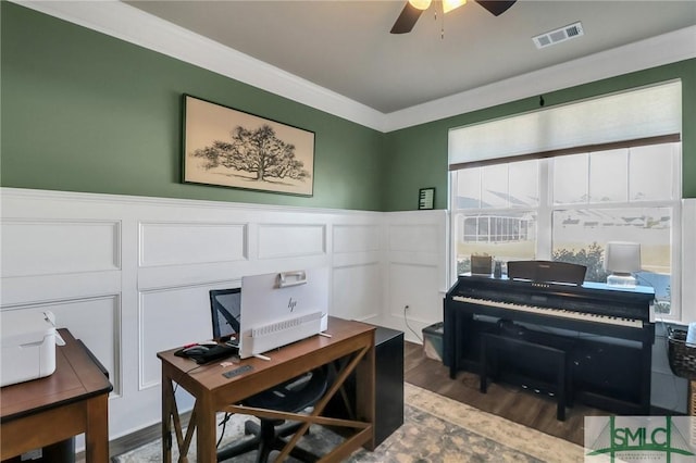 office with ceiling fan and wood-type flooring