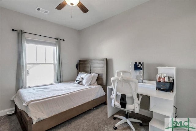 carpeted bedroom with ceiling fan