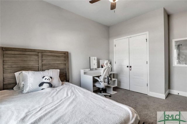 bedroom with a closet, carpet flooring, and ceiling fan