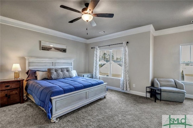 bedroom featuring ceiling fan, crown molding, and carpet floors