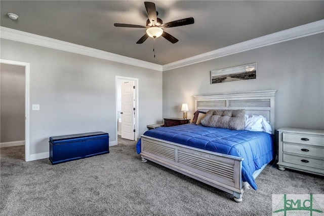 bedroom featuring carpet floors, crown molding, and ceiling fan