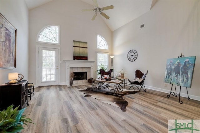 living area featuring plenty of natural light, a fireplace, wood finished floors, and baseboards