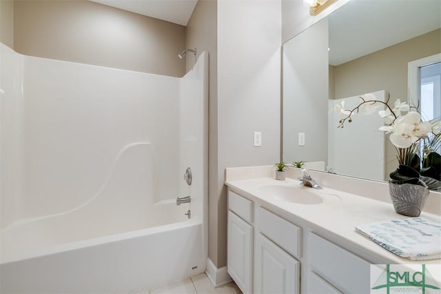 full bathroom with vanity, bathing tub / shower combination, and tile patterned floors