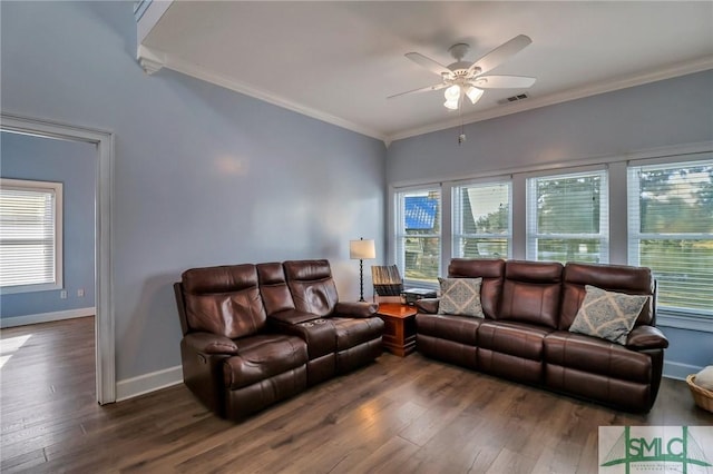 living room with ceiling fan, crown molding, and dark hardwood / wood-style floors