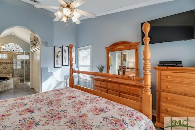 bedroom with ceiling fan and vaulted ceiling