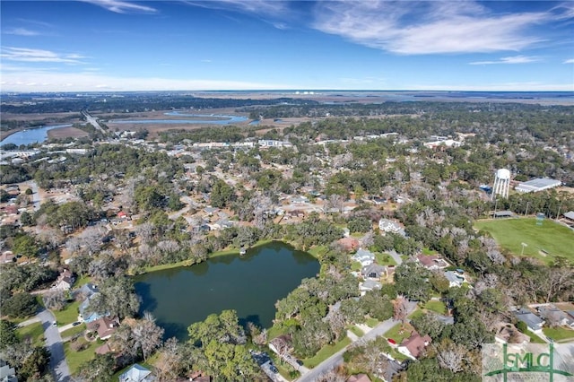 birds eye view of property featuring a water view