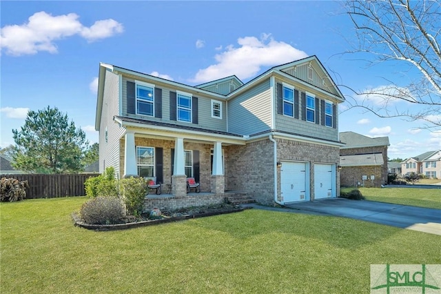 view of front facade featuring a garage, a front yard, and a porch