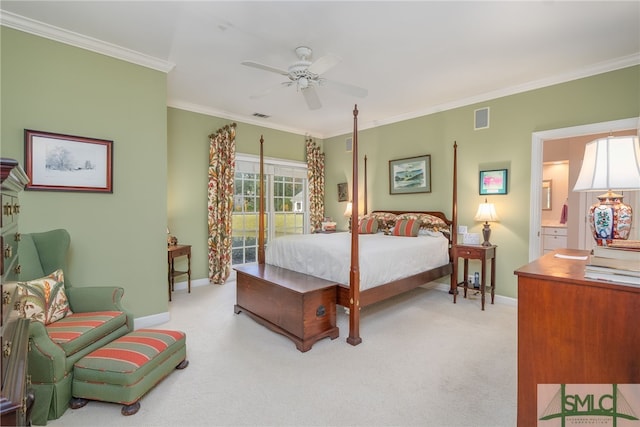 bedroom with ceiling fan, light colored carpet, access to outside, connected bathroom, and ornamental molding