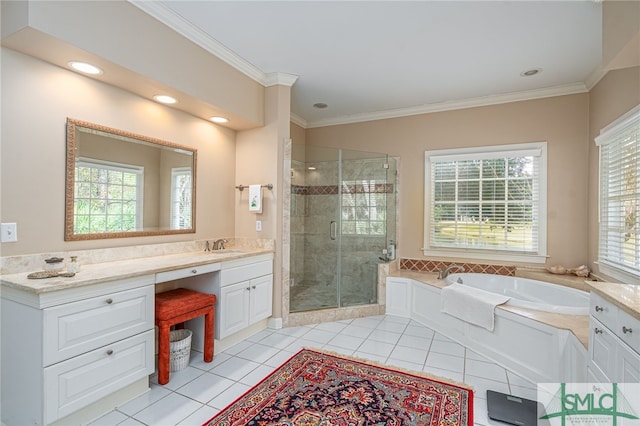 bathroom featuring plus walk in shower, tile patterned flooring, ornamental molding, and vanity