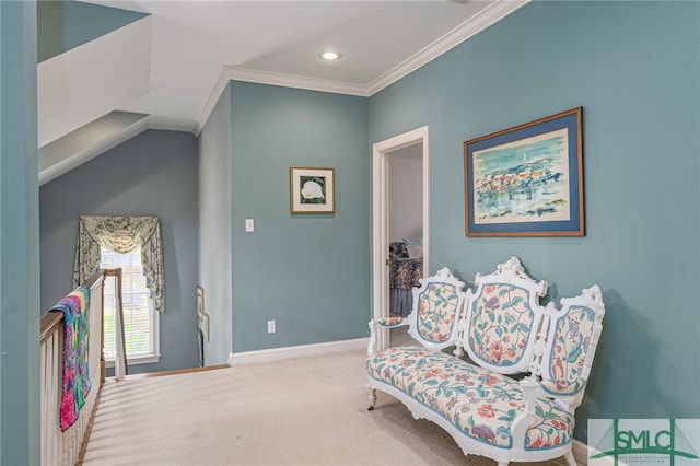 sitting room featuring ornamental molding and carpet floors