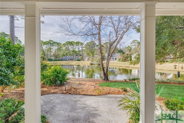 view of patio / terrace featuring a water view