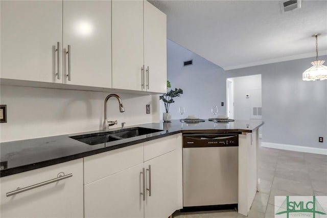 kitchen with sink, hanging light fixtures, white cabinets, and dishwasher