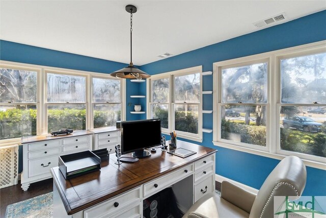 home office featuring a healthy amount of sunlight and dark hardwood / wood-style floors