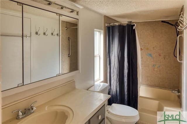 full bathroom with shower / bath combo with shower curtain, a textured ceiling, toilet, and vanity