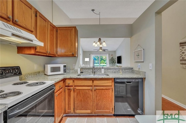 kitchen with ceiling fan, electric range, dishwasher, light stone countertops, and sink