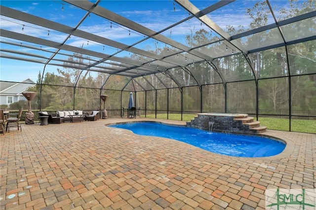 view of swimming pool featuring an in ground hot tub, a lanai, an outdoor living space, and a patio