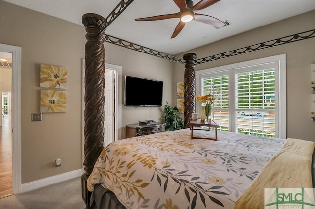 carpeted bedroom featuring ceiling fan