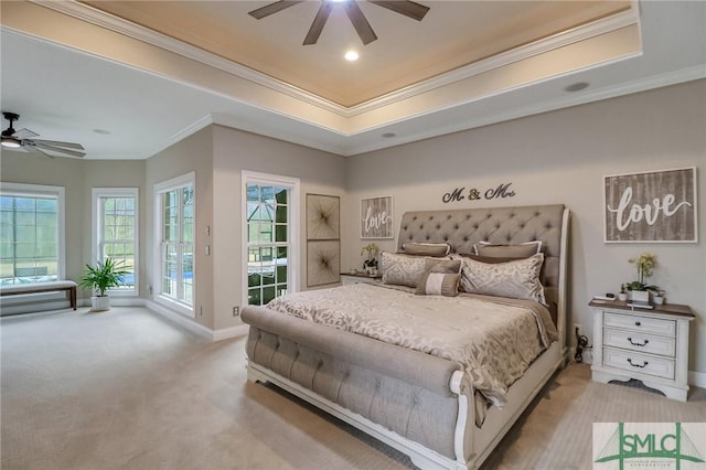 bedroom featuring ceiling fan, light colored carpet, ornamental molding, and access to outside