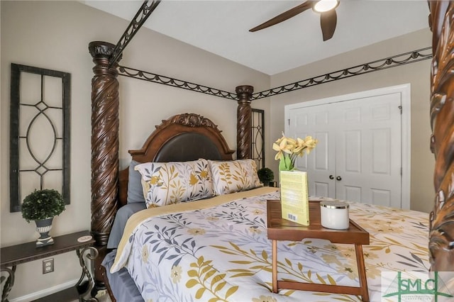 bedroom with ceiling fan and a closet