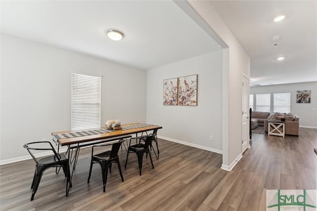 dining space with hardwood / wood-style floors