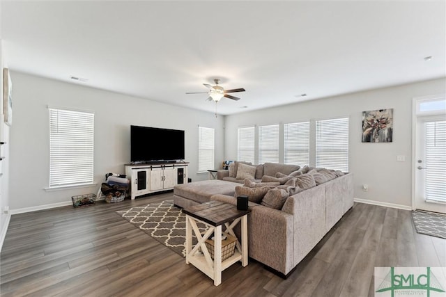 living room with ceiling fan, plenty of natural light, and wood-type flooring