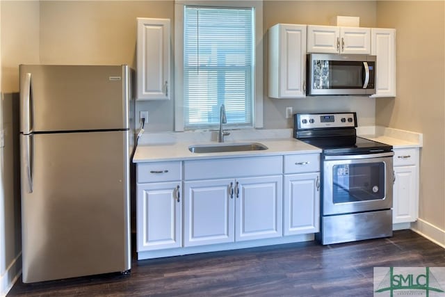 kitchen featuring sink, white cabinets, dark hardwood / wood-style flooring, and stainless steel appliances