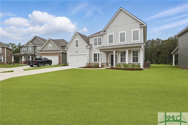 106 Liam Ct, Guyton, GA 31312 - view of front of house featuring board and batten siding, driveway, a front lawn, and covered porch