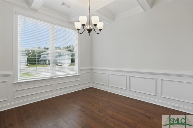 106 Liam Ct, Guyton, GA 31312 - unfurnished dining area featuring a chandelier, plenty of natural light, beamed ceiling, coffered ceiling, and dark wood-style flooring