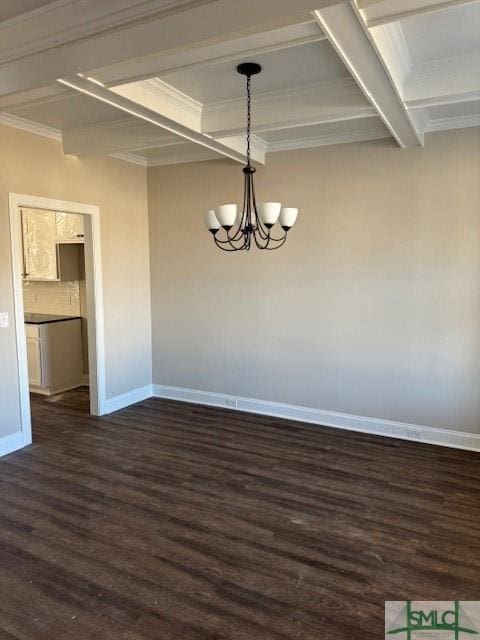 unfurnished dining area with dark wood-type flooring, an inviting chandelier, and beam ceiling